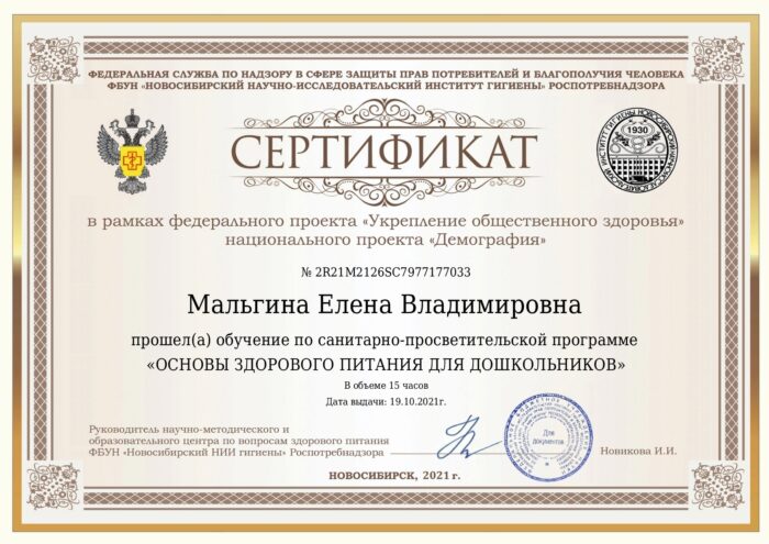 Сертификат Мальгина Елена Владимировна